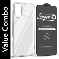 For Apple iPhone 16 Combo with Back Cover and 9H Tempered Glass (Lifetime Anti-Yellow | Sleek Hard Crystal | Oleophobic Coating Screen Glass)