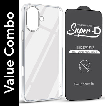 For Apple iPhone 16 Combo with Back Cover and 9H Tempered Glass (Lifetime Anti-Yellow | Sleek Hard Crystal | Oleophobic Coating Screen Glass)