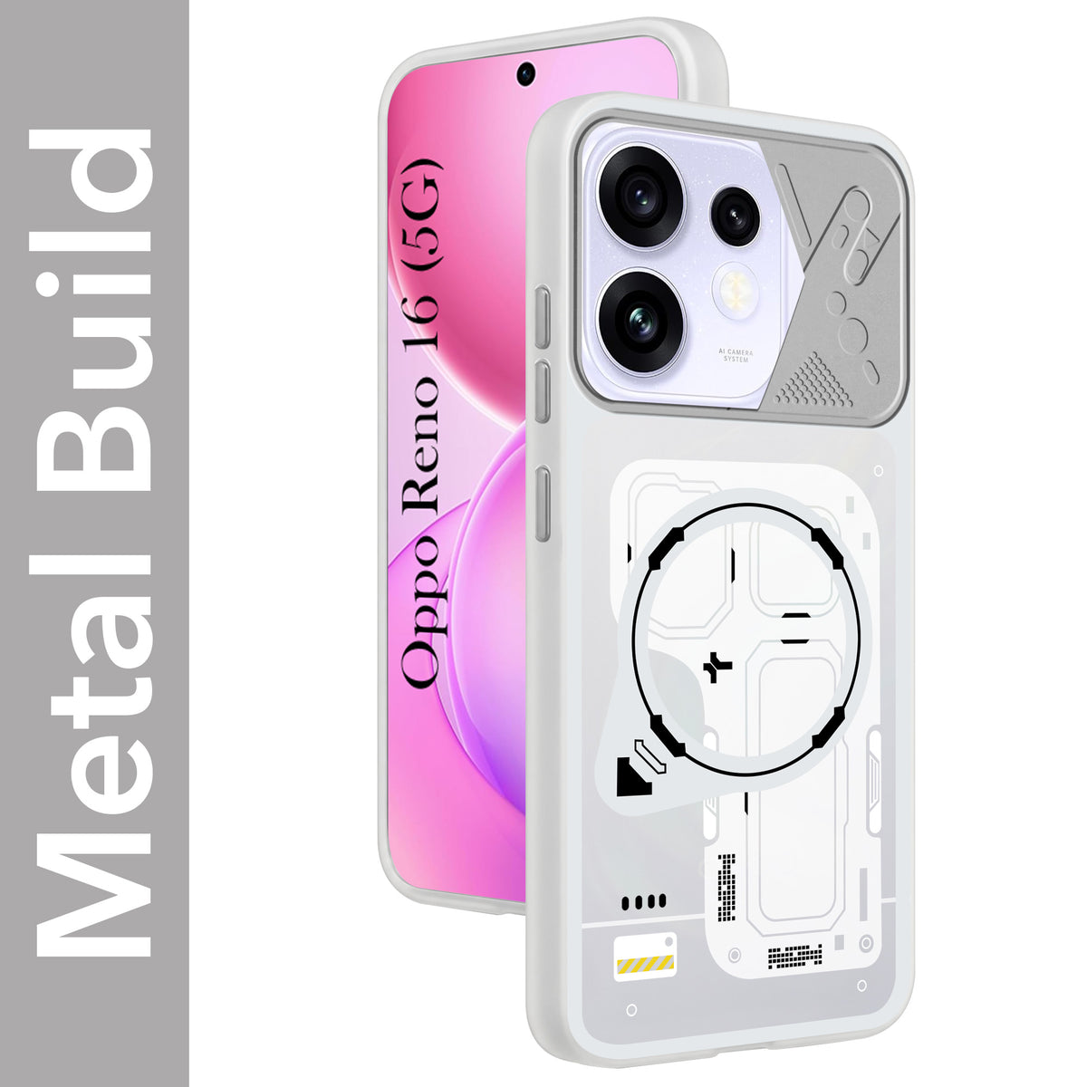 For Oppo Reno 16 Metallic Back Cover Case (Metallic Camera Protection & Buttons | Translucent Milky Shade | Hard Polycarbonate)