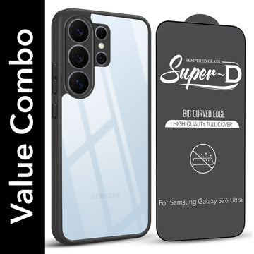 For Samsung Galaxy S26 Ultra Combo with Back Cover and 9H Tempered Glass (Lifetime Anti-Yellow | Crystal Clear Shockproof | Oleophobic Coating Screen Glass)