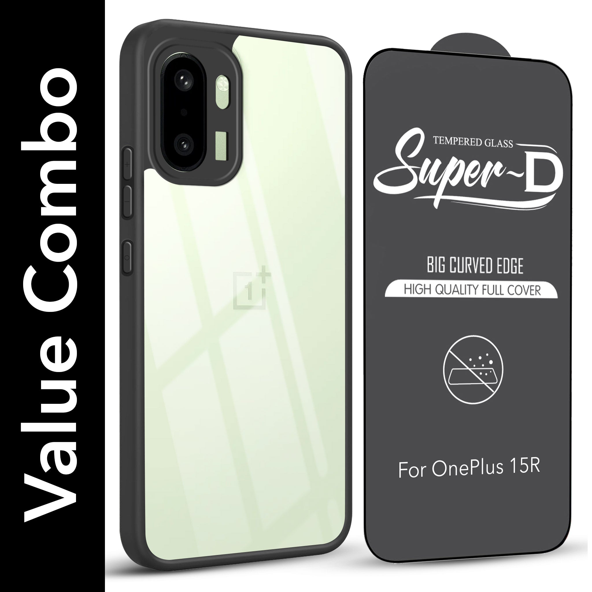 For OnePlus 15R Combo with Back Cover and 9H Tempered Glass (Lifetime Anti-Yellow | Crystal Clear Shockproof | Oleophobic Coating Screen Glass)