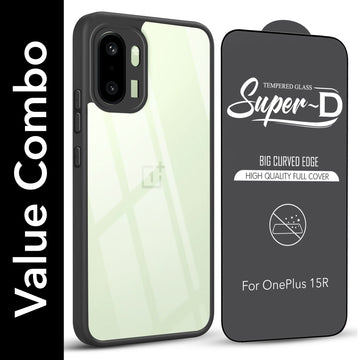 For OnePlus 15R Combo with Back Cover and 9H Tempered Glass (Lifetime Anti-Yellow | Crystal Clear Shockproof | Oleophobic Coating Screen Glass)