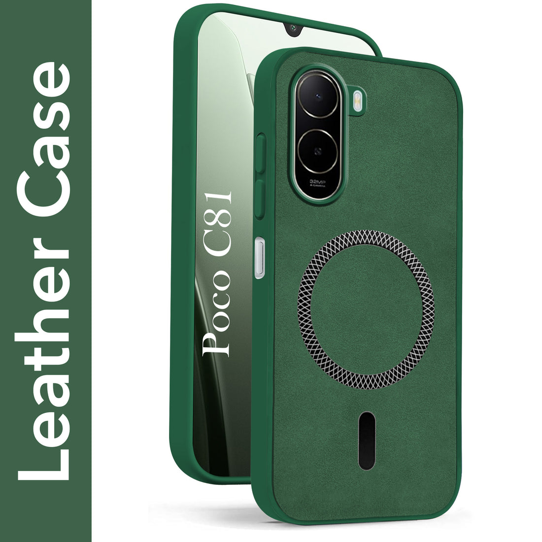 For Poco C81 Back Cover Case Leather Finish (MagSafe Compatible Wireless Charging | Soft Touch | Camera Bump Protection)