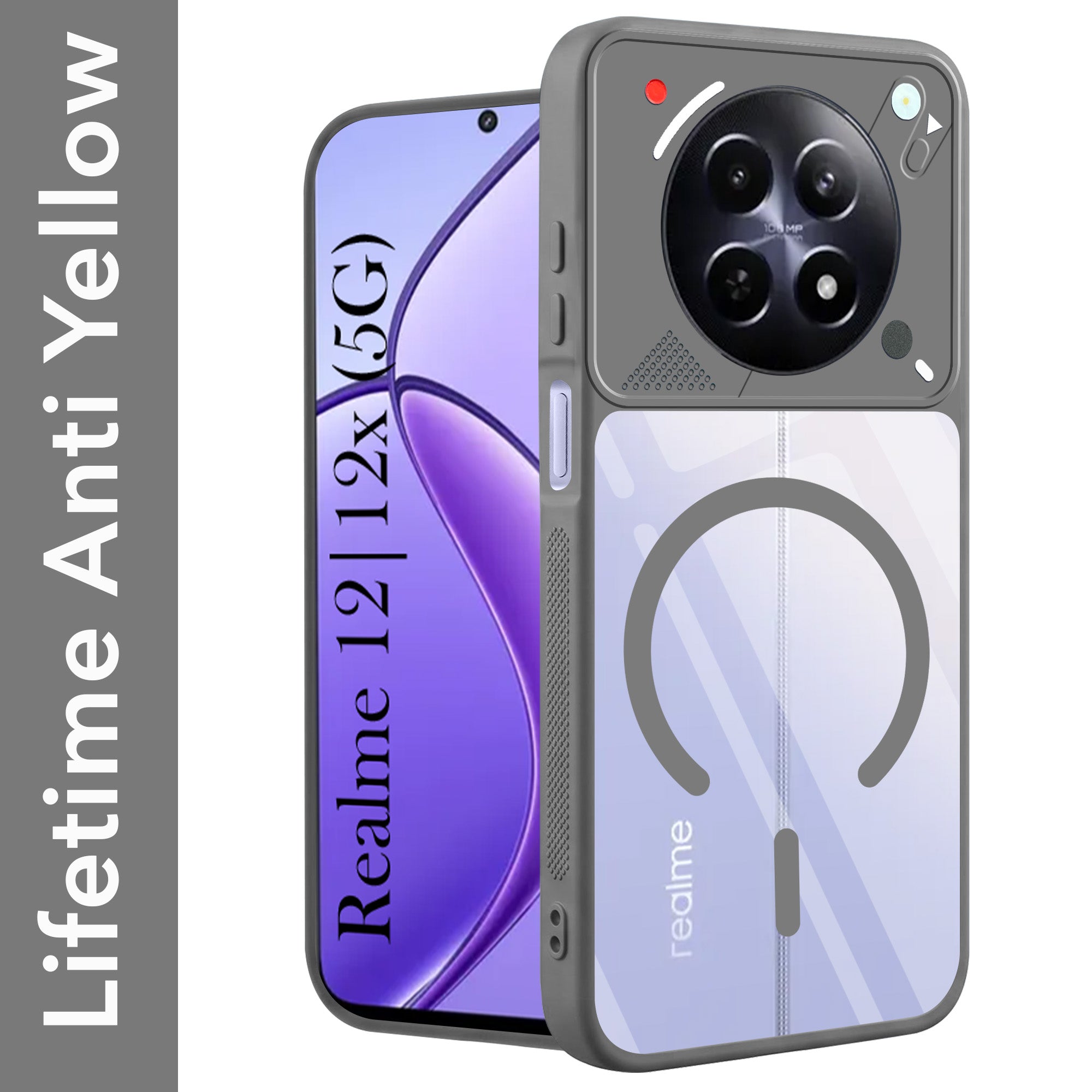 For Realme 12 | Realme 12X Back Cover Case Lifetime Anti-Yellow Clear (Camera Protection | Side Grip | Wireless MagSafe Compatible)
