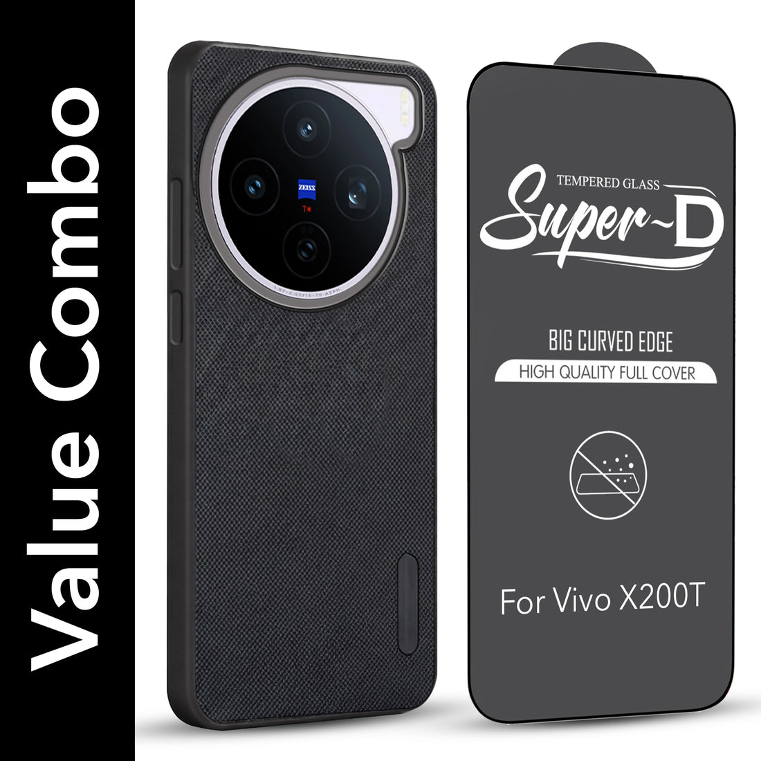 For Vivo X200T Combo with Back Cover and 9H Tempered Glass (Textured Grip Design | Micro-Fiber Cloth Inside | Oleophobic Coating Screen Glass)