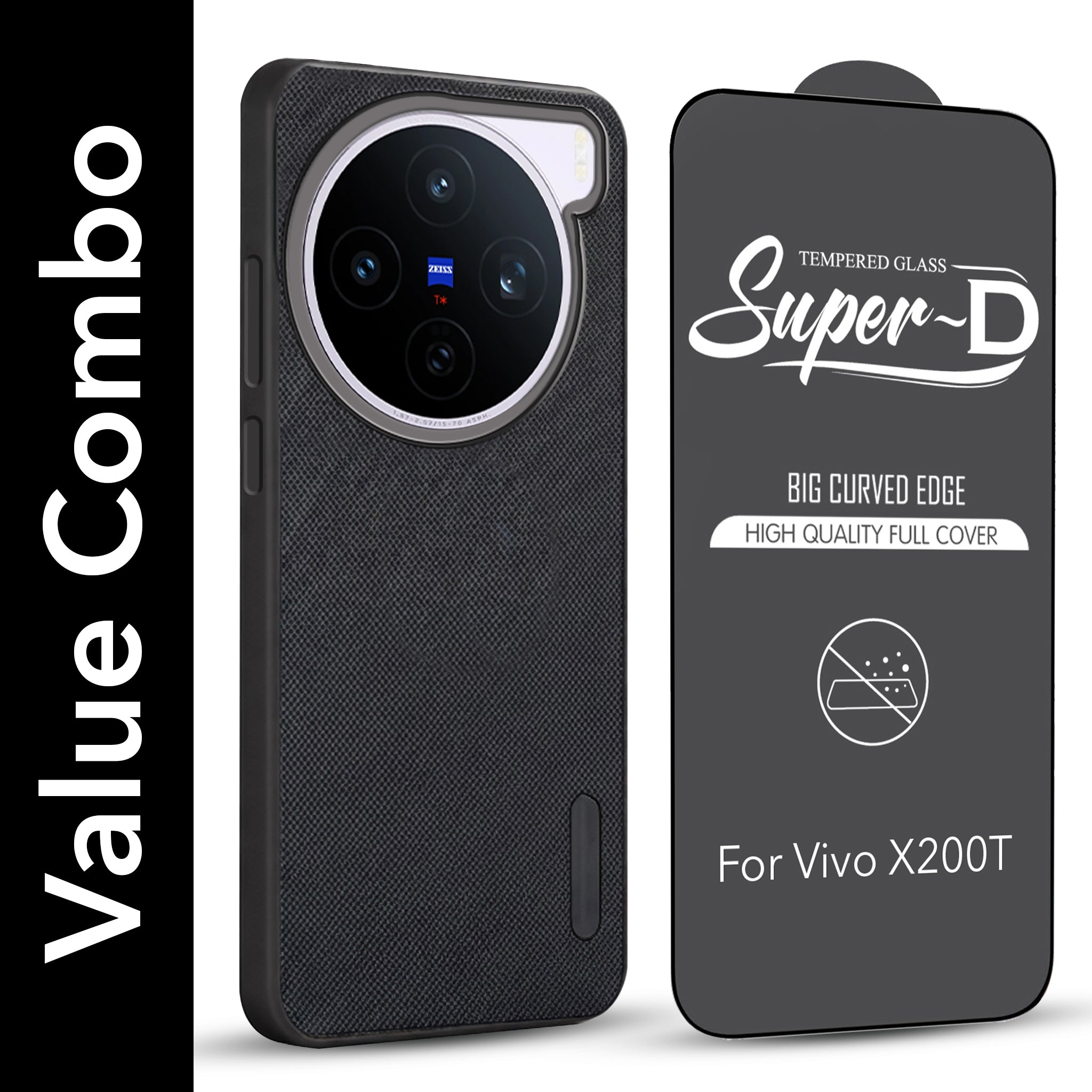 For Vivo X200T Combo with Back Cover and 9H Tempered Glass (Textured Grip Design | Micro-Fiber Cloth Inside | Oleophobic Coating Screen Glass)