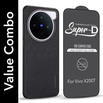 For Vivo X200T Combo with Back Cover and 9H Tempered Glass (Textured Grip Design | Micro-Fiber Cloth Inside | Oleophobic Coating Screen Glass)