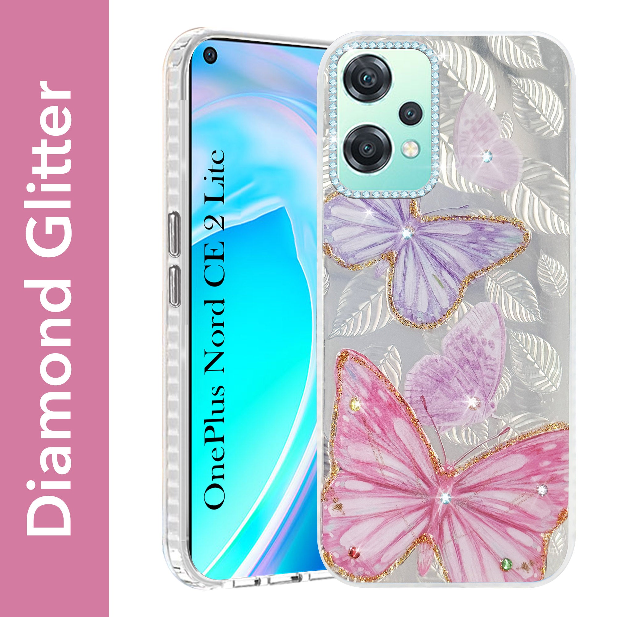 For OnePlus Nord CE 2 Lite Back Cover Case (Luxury Floral Glitter Cute Butterfly | Diamond Studded Camera Bump | Girls & Women Design)
