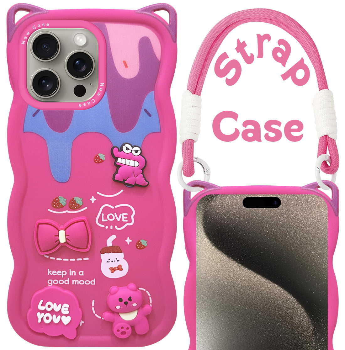 For Apple iPhone 15 Pro Max Back Case Cover Strap(3D Embossed Figures | Strap Holder | 360* Soft Cushion with Camera Bump)
