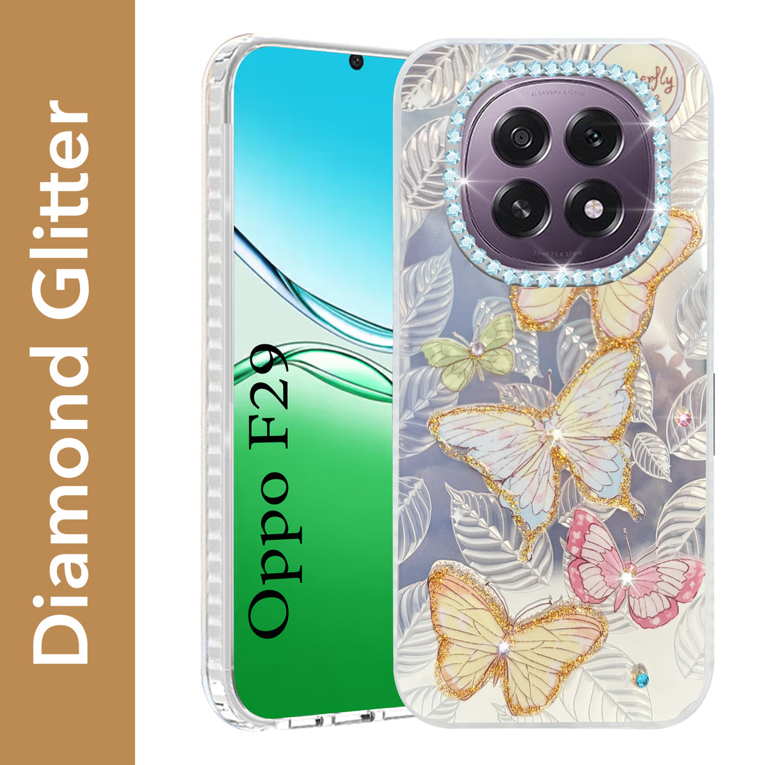 For Oppo F29 Back Cover Case (Luxury Floral Glitter Cute Butterfly | Diamond Studded Camera Bump | Girls & Women Design)