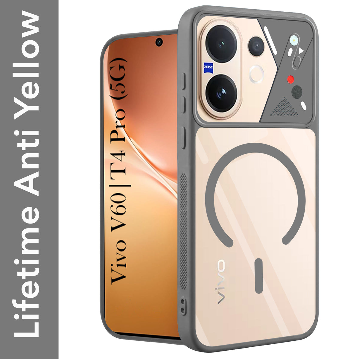 For Vivo V60 | Vivo T4 Pro Back Cover Case Lifetime Anti-Yellow Clear (Camera Protection | Side Grip | Wireless MagSafe Compatible)