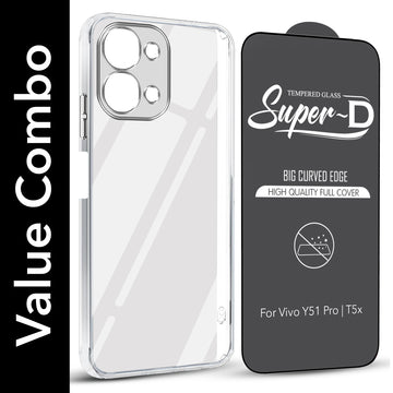 For Vivo Y51 Pro 5G | Vivo T5x Combo with Back Cover and 9H Tempered Glass (Lifetime Anti-Yellow | Sleek Hard Crystal | Oleophobic Coating Screen Glass)