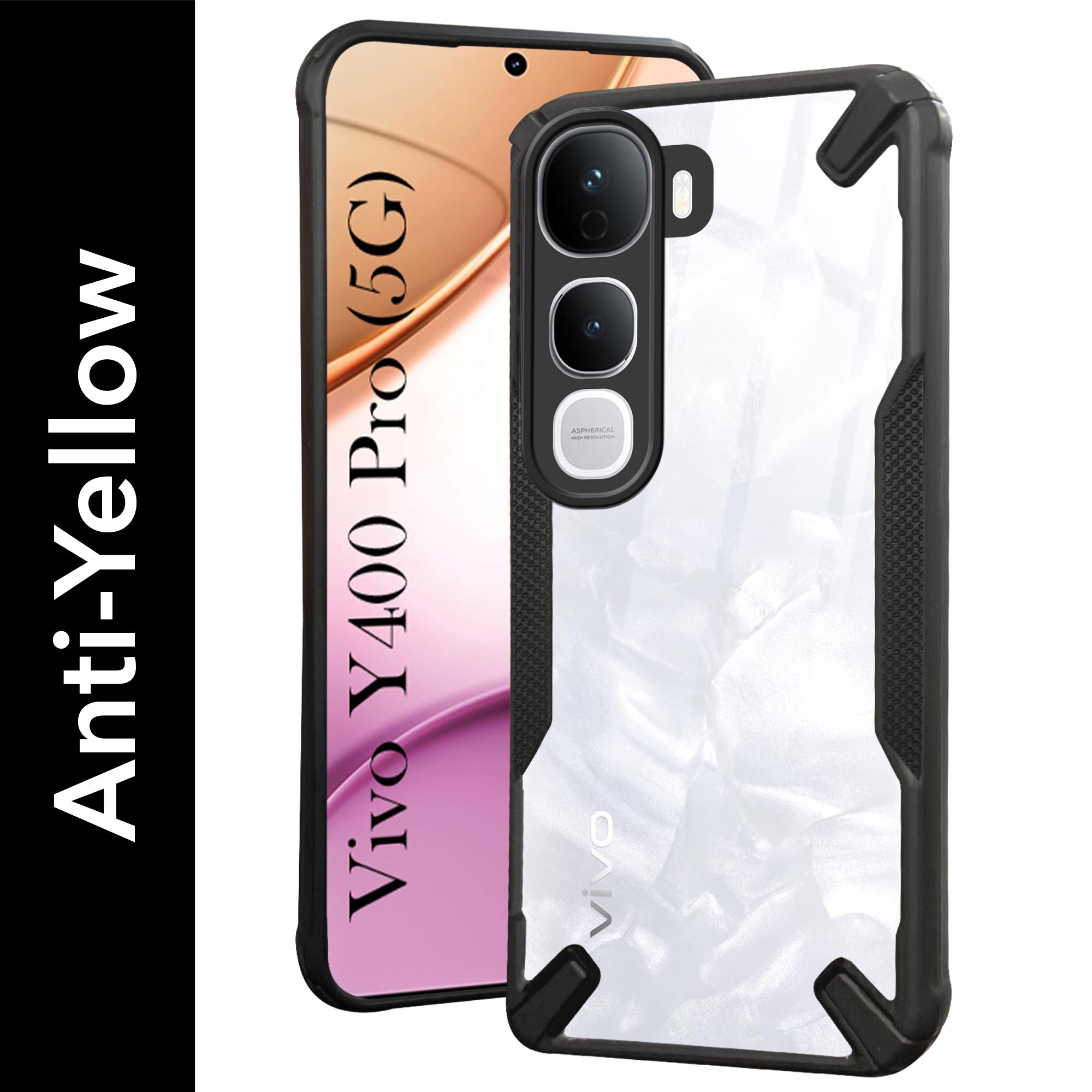 For Vivo Y400 Pro Back Cover Case  (Hybrid Crystal | Ultimate Shockproof Bumpers | Anti Yellow | Rugged Armor | Black )