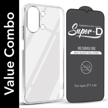 For Vivo iQOO Z11 Lite Combo with Back Cover and 9H Tempered Glass (Lifetime Anti-Yellow | Sleek Hard Crystal | Oleophobic Coating Screen Glass)