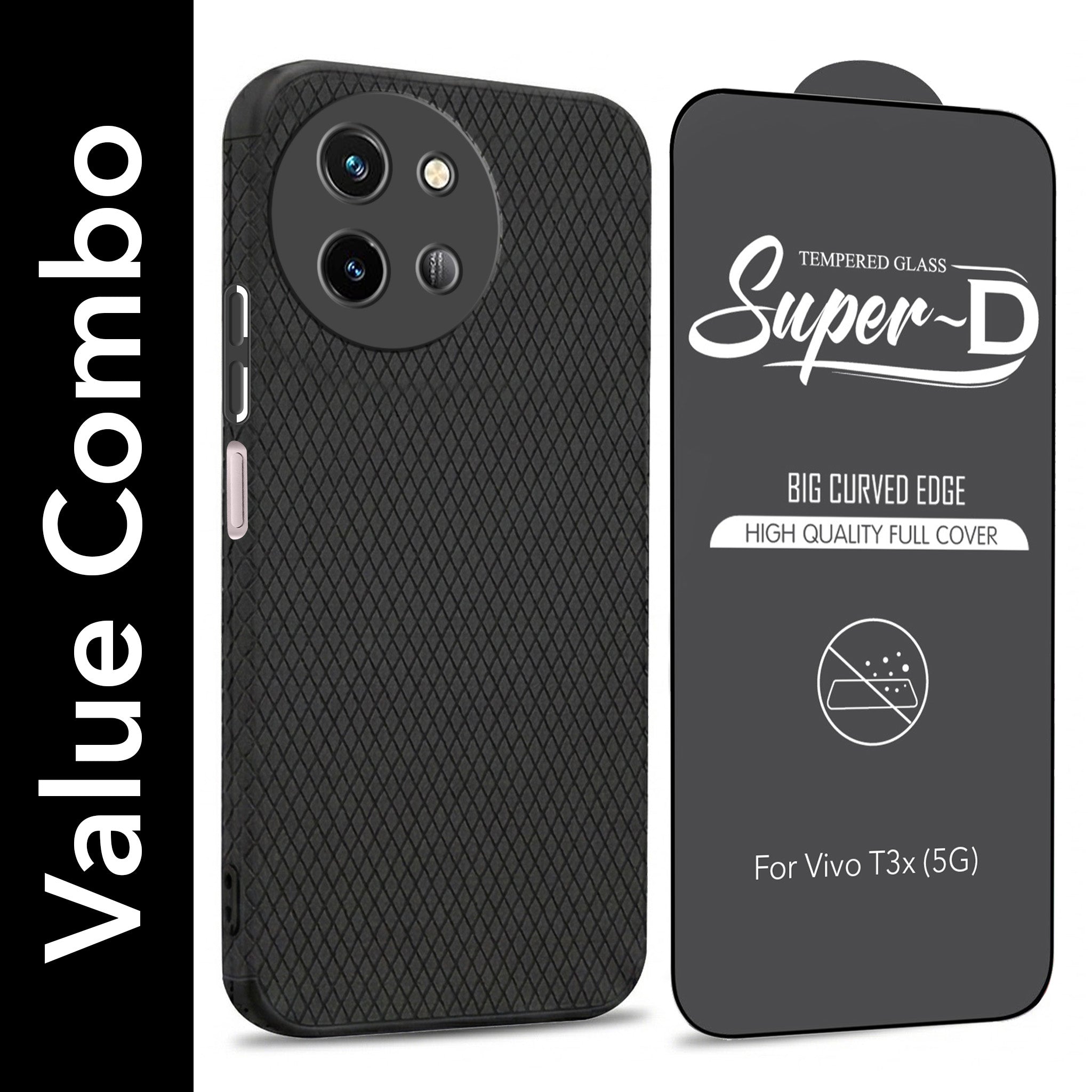 For Vivo T3X 5G Combo with Back Cover and 9H Tempered Glass (Liquid Silicone | Camera Protection | Oleophobic Coating Screen Glass)