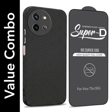 For Vivo T3X 5G Combo with Back Cover and 9H Tempered Glass (Liquid Silicone | Camera Protection | Oleophobic Coating Screen Glass)