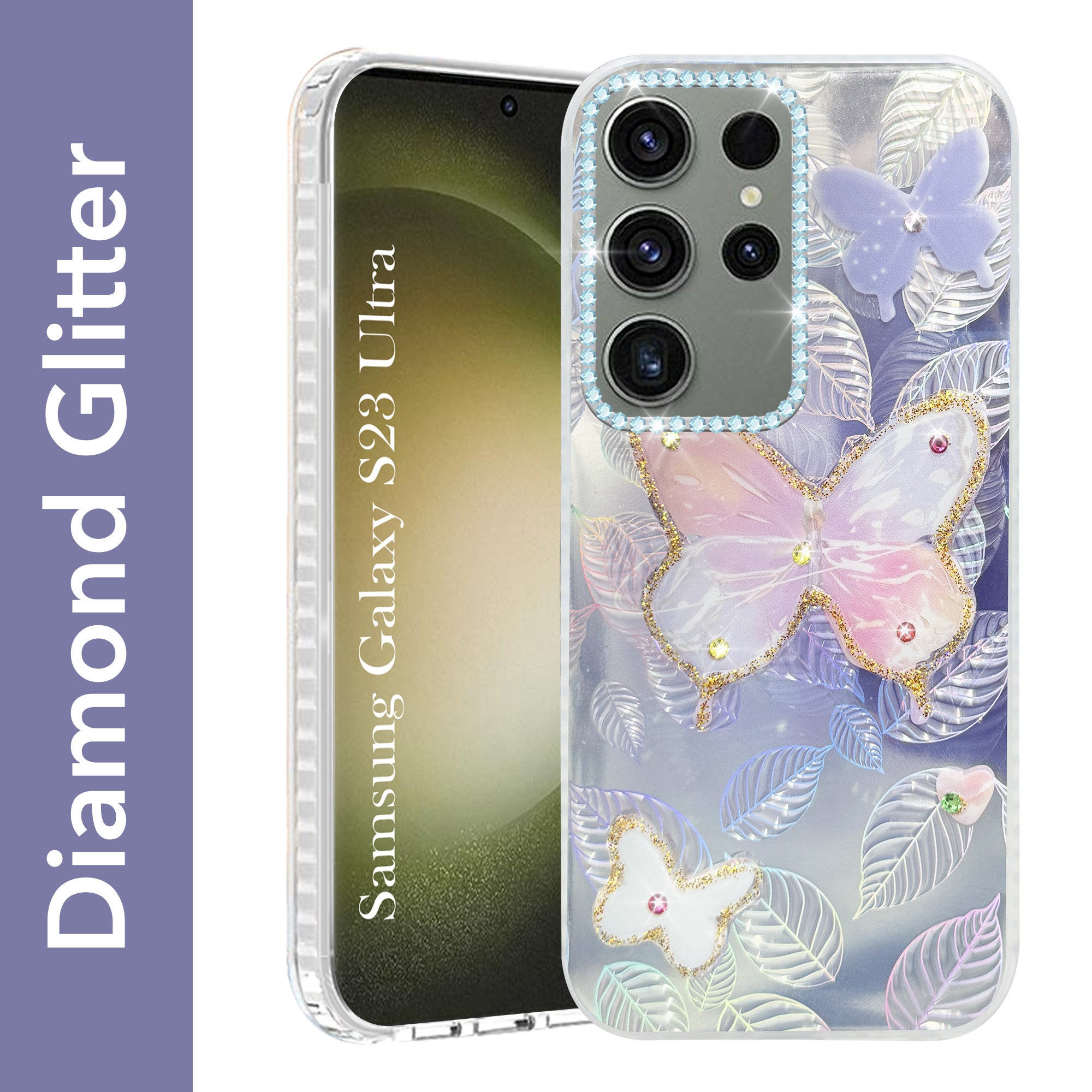 For Samsung Galaxy S23 Ultra Back Cover Case (Luxury Floral Glitter Cute Butterfly | Diamond Studded Camera Bump | Girls & Women Design)