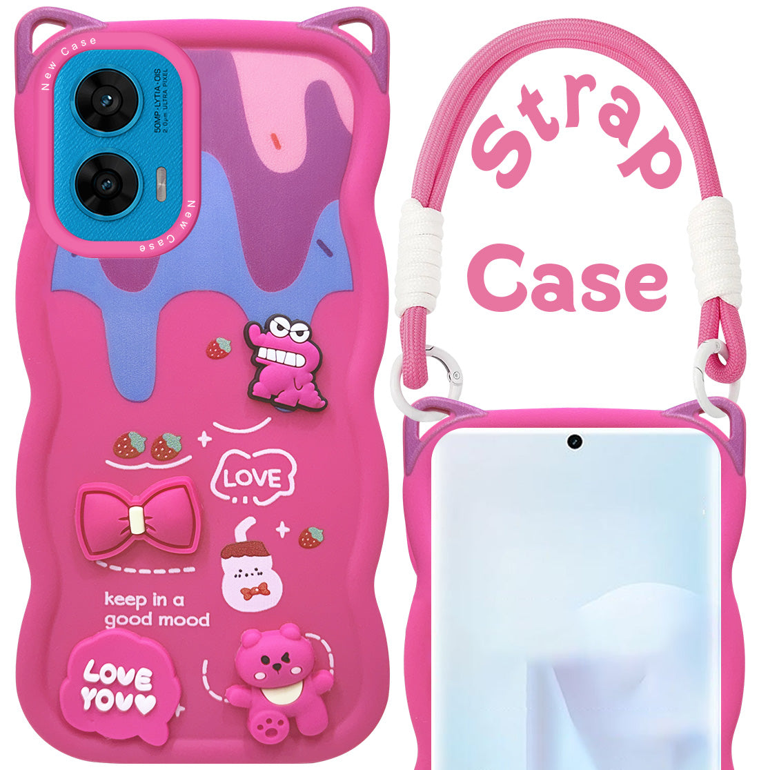 For Motorola Moto G96 Back Case Cover Strap (3D embossed Figures | Strap Holder | 360* Soft Cushion with Camera Bump)