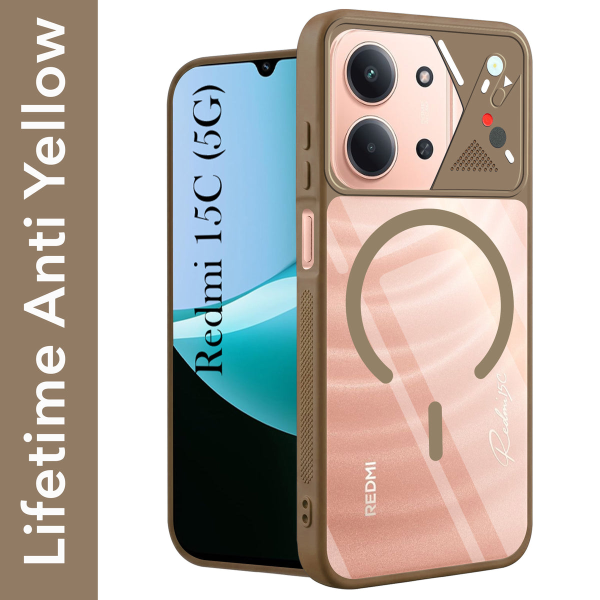 For Redmi 15C Back Cover Case Lifetime Anti-Yellow Clear (Camera Protection | Side Grip | Wireless MagSafe Compatible)