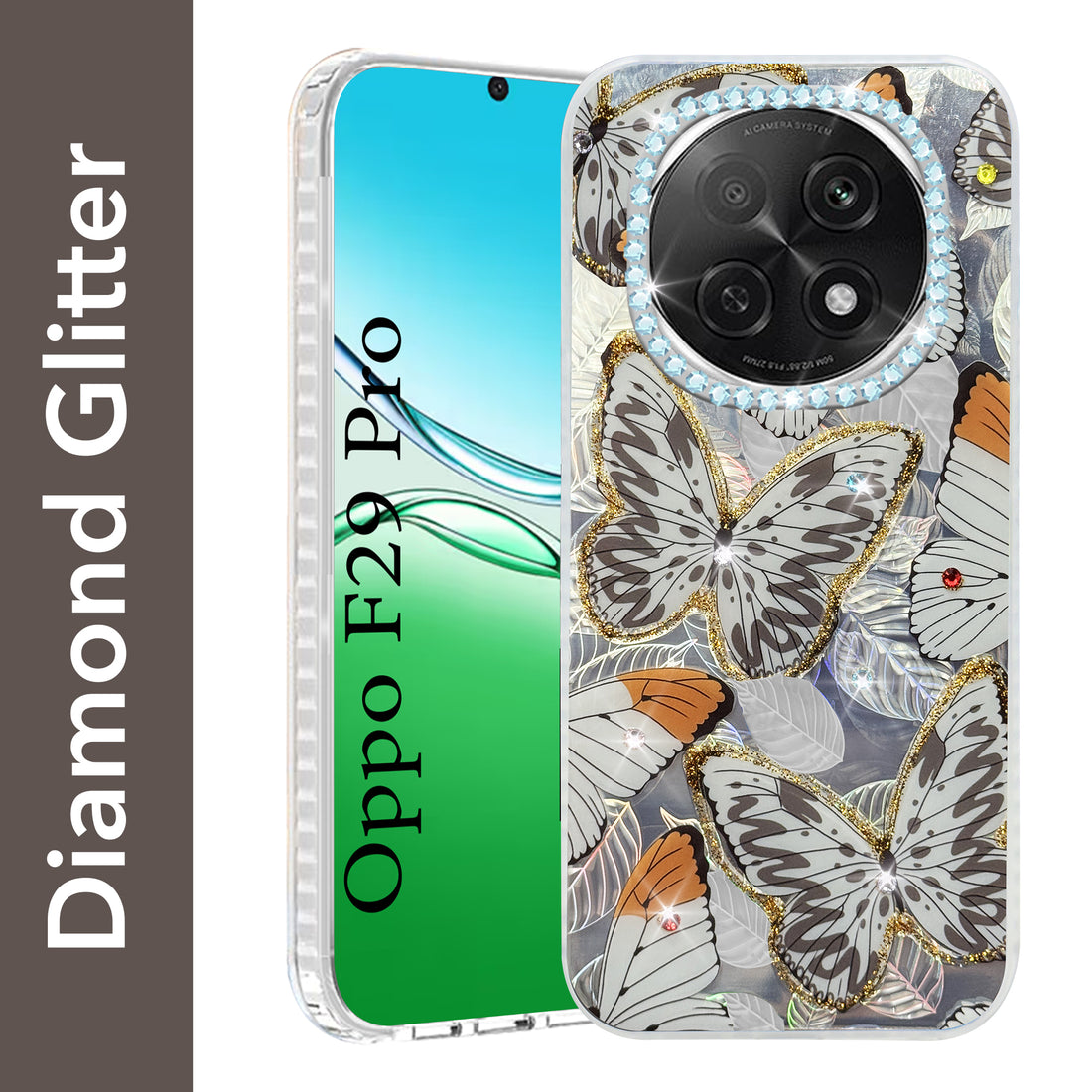 For Oppo F29 Pro Back Cover Case  (Luxury Floral Glitter Cute Butterfly | Diamond Studded Camera Bump | Girls & Women Design)