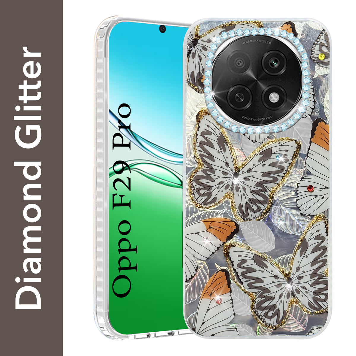 For Oppo F29 Pro Back Cover Case  (Luxury Floral Glitter Cute Butterfly | Diamond Studded Camera Bump | Girls & Women Design)