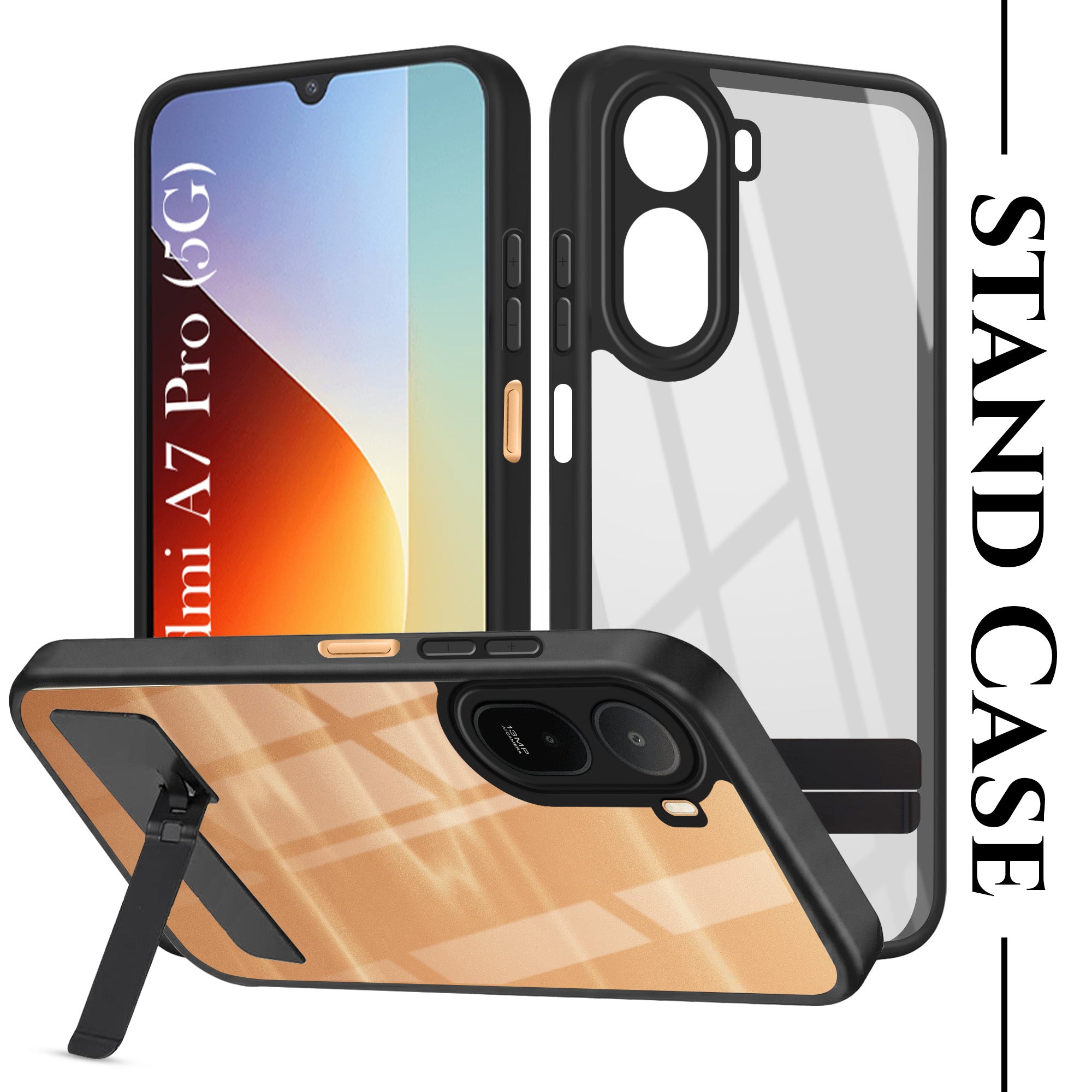 For Redmi A7 Pro 5G Back Cover Case (Built-in Stand | Lifetime Anti Yellow | Kickstand Shockproof | Camera Protection | MagSafe Compatible)