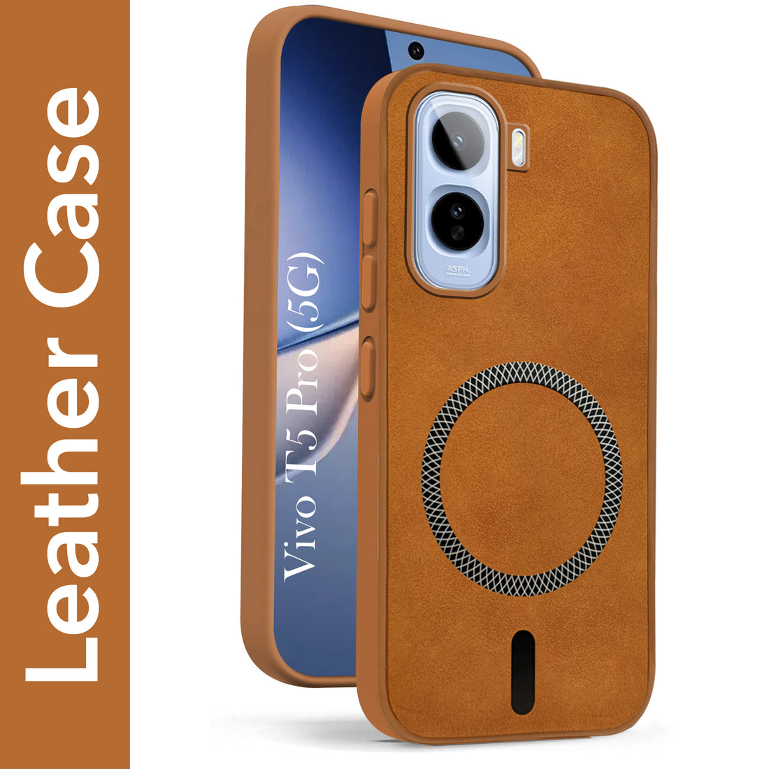 For Vivo T5 Pro 5G Back Cover Case Leather Finish (MagSafe Compatible Wireless Charging | Soft Touch | Camera Bump Protection)