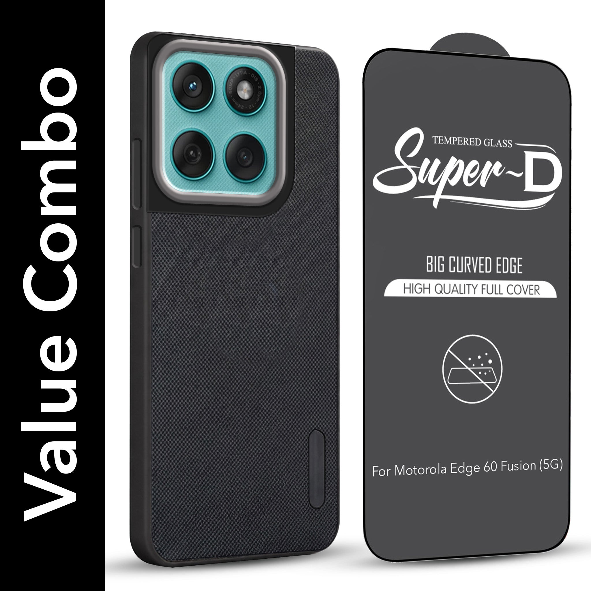 For Motorola Moto Edge 60 Fusion Combo with Back Cover and 9H Tempered Glass (Textured Grip Design | Micro-Fiber Cloth Inside | Oleophobic Coating Screen Glass)