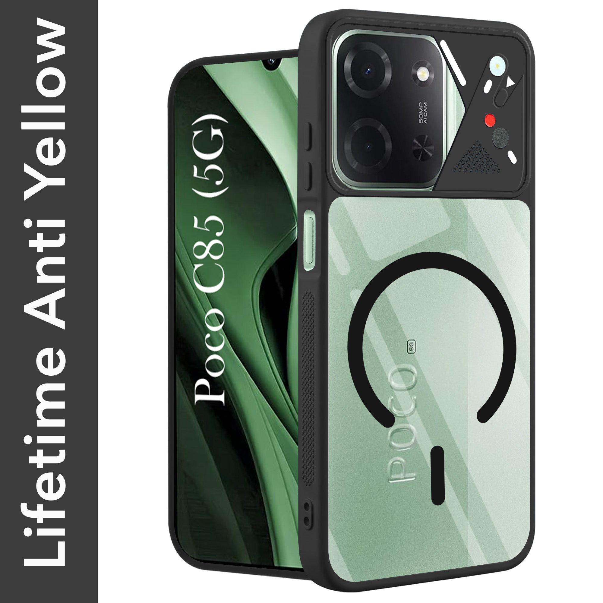 For Poco C85 5G Back Cover Case Lifetime Anti-Yellow Clear (Camera Protection | Side Grip | Wireless MagSafe Compatible)