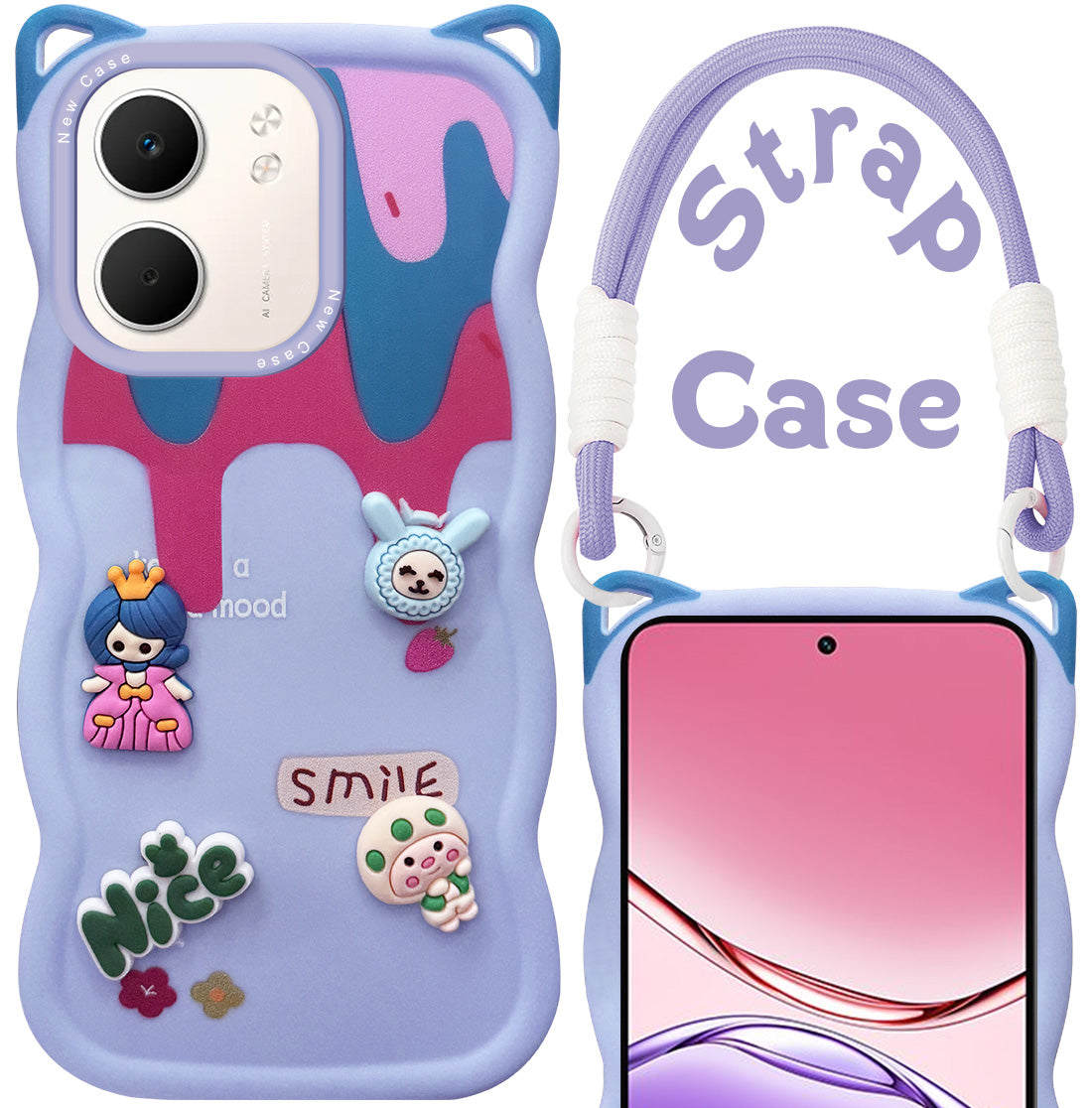 For Oppo A5X Back Case Cover Strap (3D embossed Figures | Strap Holder | 360* Soft Cushion with Camera Bump)