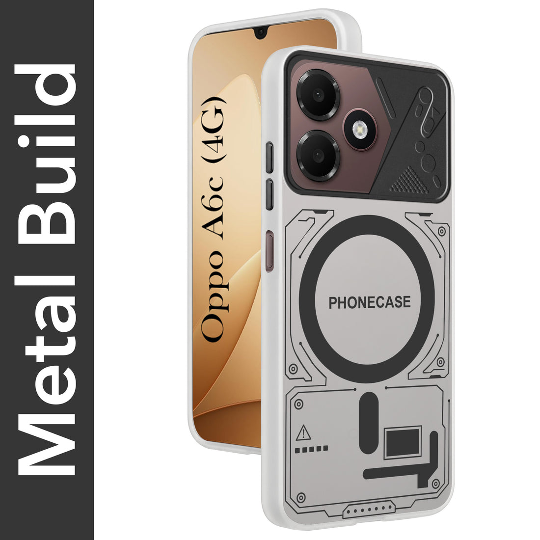 For Oppo A6c 4G Metallic Back Cover Case (Metallic Camera Protection & Buttons | Translucent Milky Shade | Hard Polycarbonate)