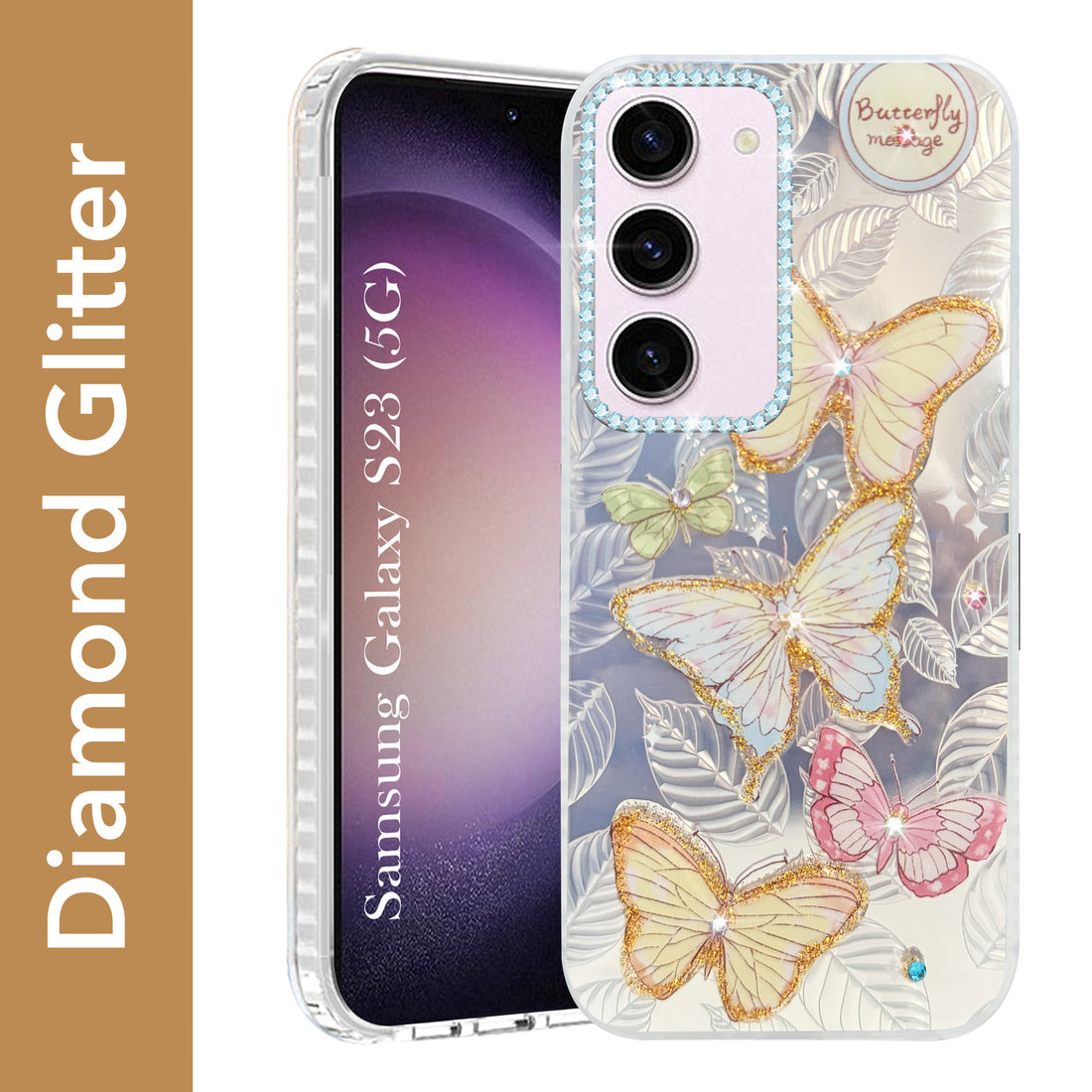 For Samsung Galaxy S23 5G Back Cover Case (Luxury Floral Glitter Cute Butterfly | Diamond Studded Camera Bump | Girls & Women Design)