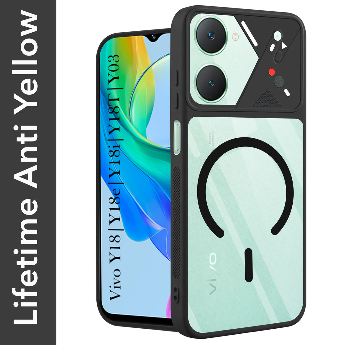 For Y18 | Vivo Y18e | Vivo Y03 | Vivo Y18i | Vivo Y18T Back Cover Case Lifetime Anti-Yellow Clear (Camera Protection | Side Grip | Wireless MagSafe Compatible)
