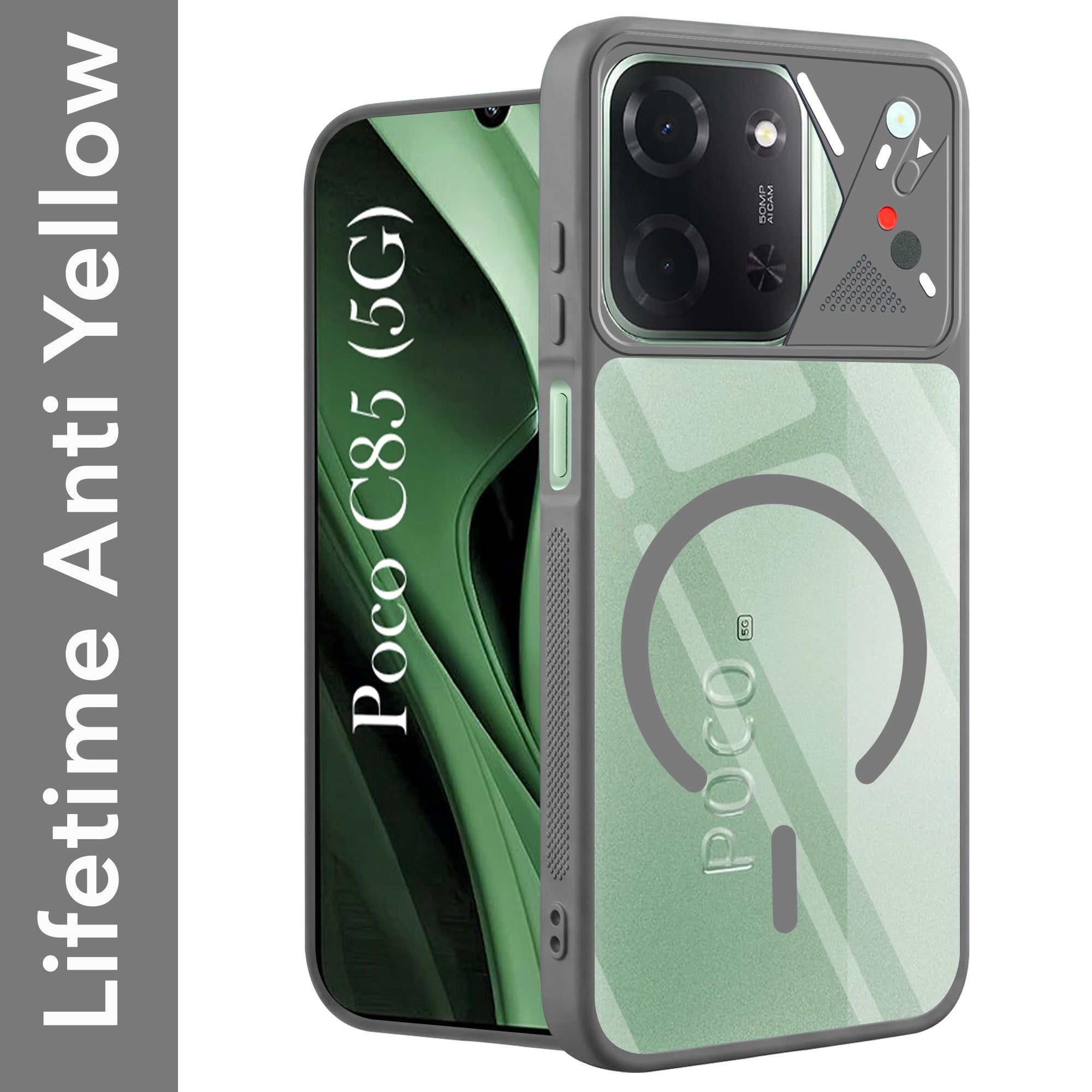 For Poco C85 5G Back Cover Case Lifetime Anti-Yellow Clear (Camera Protection | Side Grip | Wireless MagSafe Compatible)