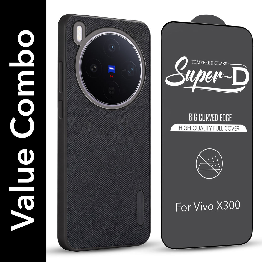 For Vivo X300 5G Combo with Back Cover and 9H Tempered Glass (Textured Grip Design | Micro-Fiber Cloth Inside | Oleophobic Coating Screen Glass)