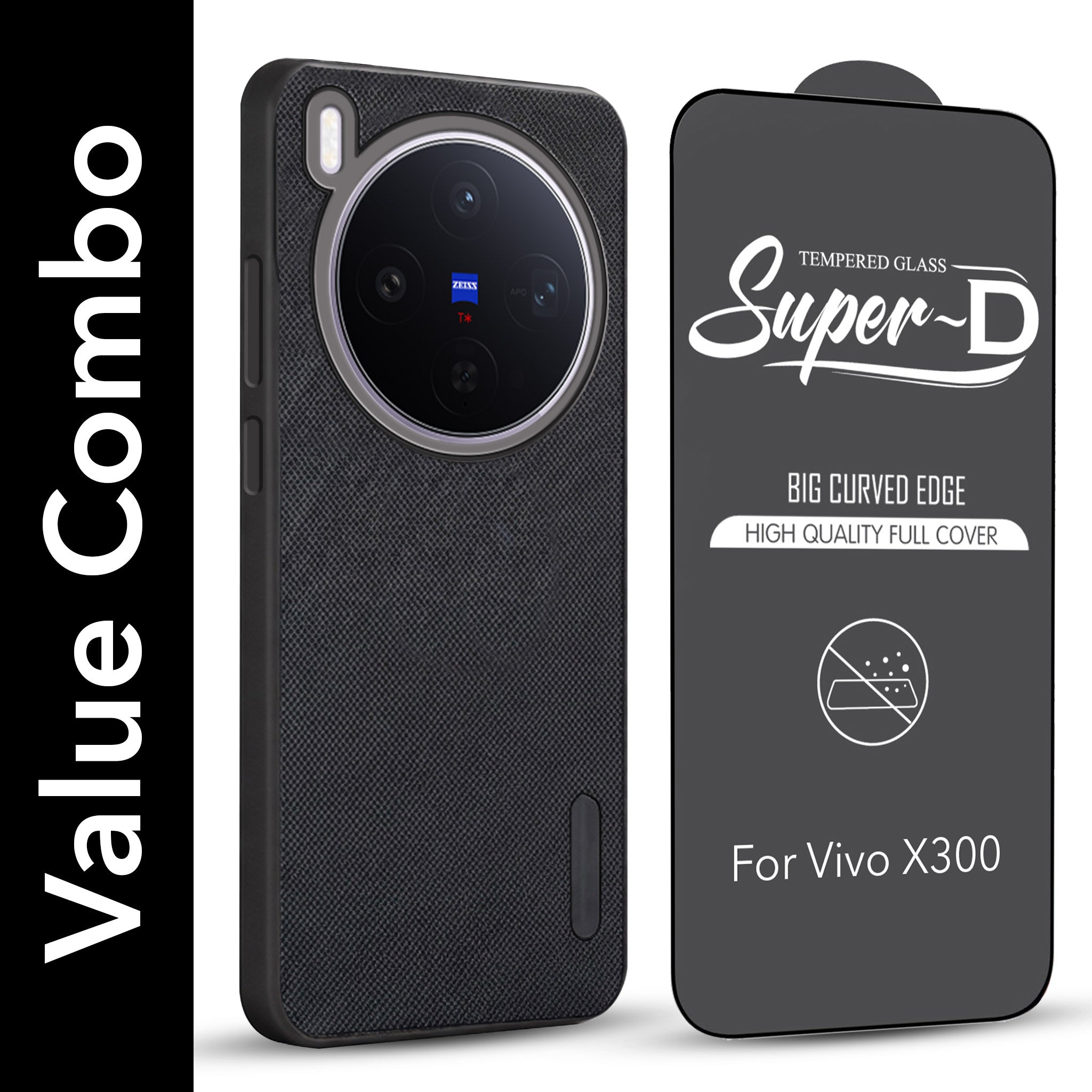 For Vivo X300 5G Combo with Back Cover and 9H Tempered Glass (Textured Grip Design | Micro-Fiber Cloth Inside | Oleophobic Coating Screen Glass)
