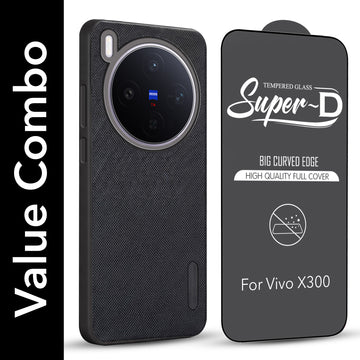 For Vivo X300 5G Combo with Back Cover and 9H Tempered Glass (Textured Grip Design | Micro-Fiber Cloth Inside | Oleophobic Coating Screen Glass)
