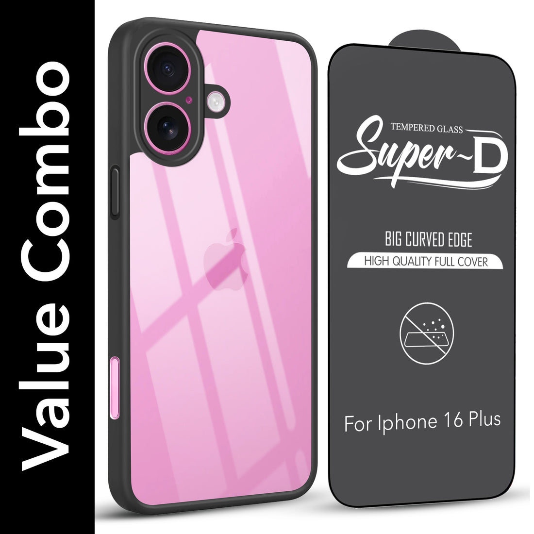 For Apple iPhone 16 Plus Combo with Back Cover and 9H Tempered Glass (Lifetime Anti-Yellow | Crystal Clear Shockproof | Oleophobic Coating Screen Glass)