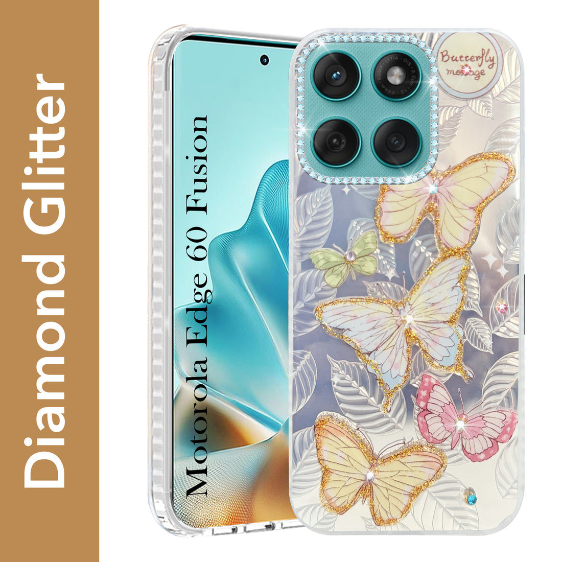 For Motorola Moto Edge 60 Fusion Back Cover Case (Luxury Floral Glitter Cute Butterfly | Diamond Studded Camera Bump | Girls & Women Design)