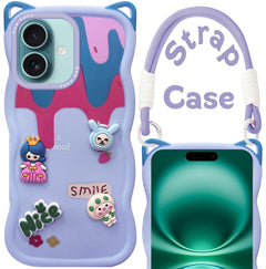 For Apple iPhone 16 Back Case Cover Strap (3D Embossed Figures | Strap Holder | 360* Soft Cushion with Camera Bump)