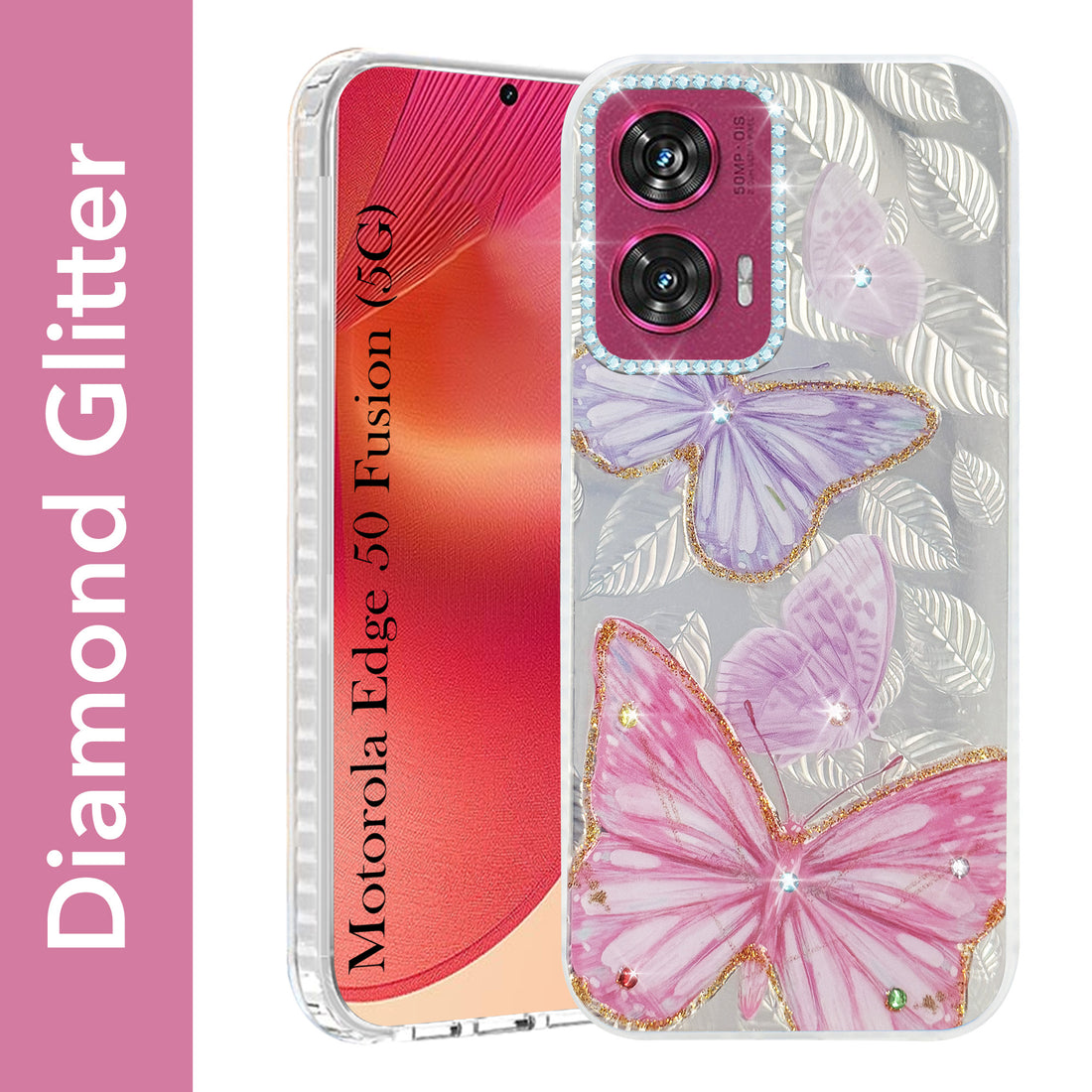 For Motorola Moto Edge 50 Fusion Back Cover Case (Luxury Floral Glitter Cute Butterfly | Diamond Studded Camera Bump | Girls & Women Design)