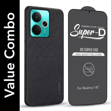 For Realme 14T Combo with Back Cover and 9H Tempered Glass (Textured Grip Design | Micro-Fiber Cloth Inside | Oleophobic Coating Screen Glass)