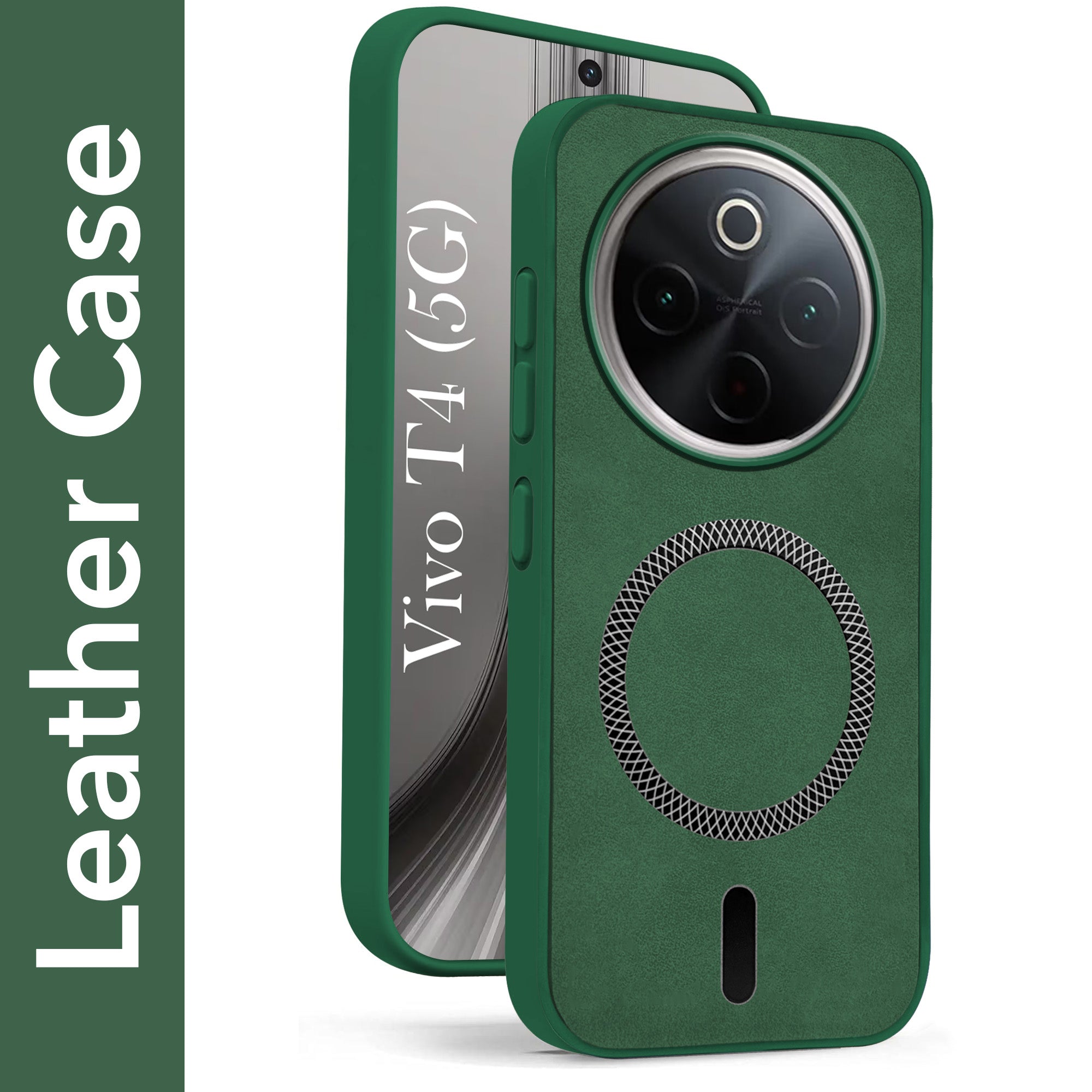 For Vivo T4 Back Cover Case Leather Finish (MagSafe Compatible Wireless Charging | Soft Touch | Camera Bump Protection)
