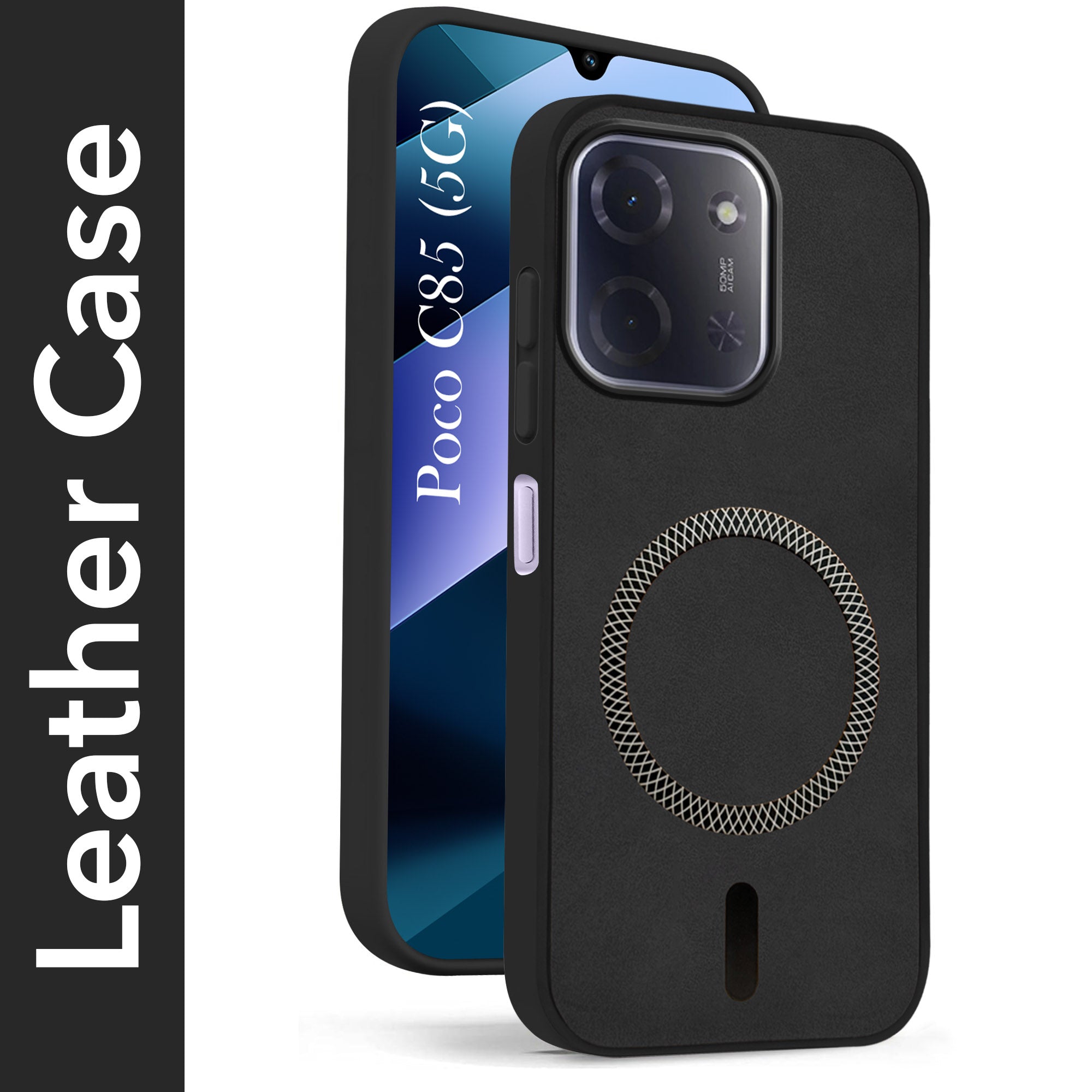 For Poco C85 5G Back Cover Case Leather Finish  (MagSafe Compatible Wireless Charging | Soft Touch | Camera Bump Protection)
