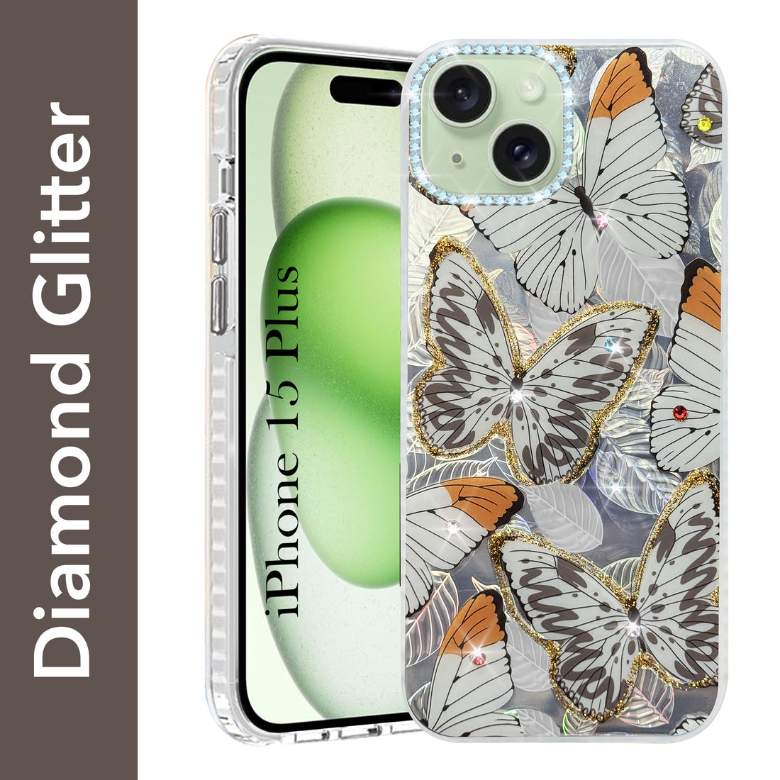 For Apple iPhone 15 Plus Back Cover Case (Luxury Floral Glitter Cute Butterfly | Diamond Studded Camera Bump | Girls & Women Design)