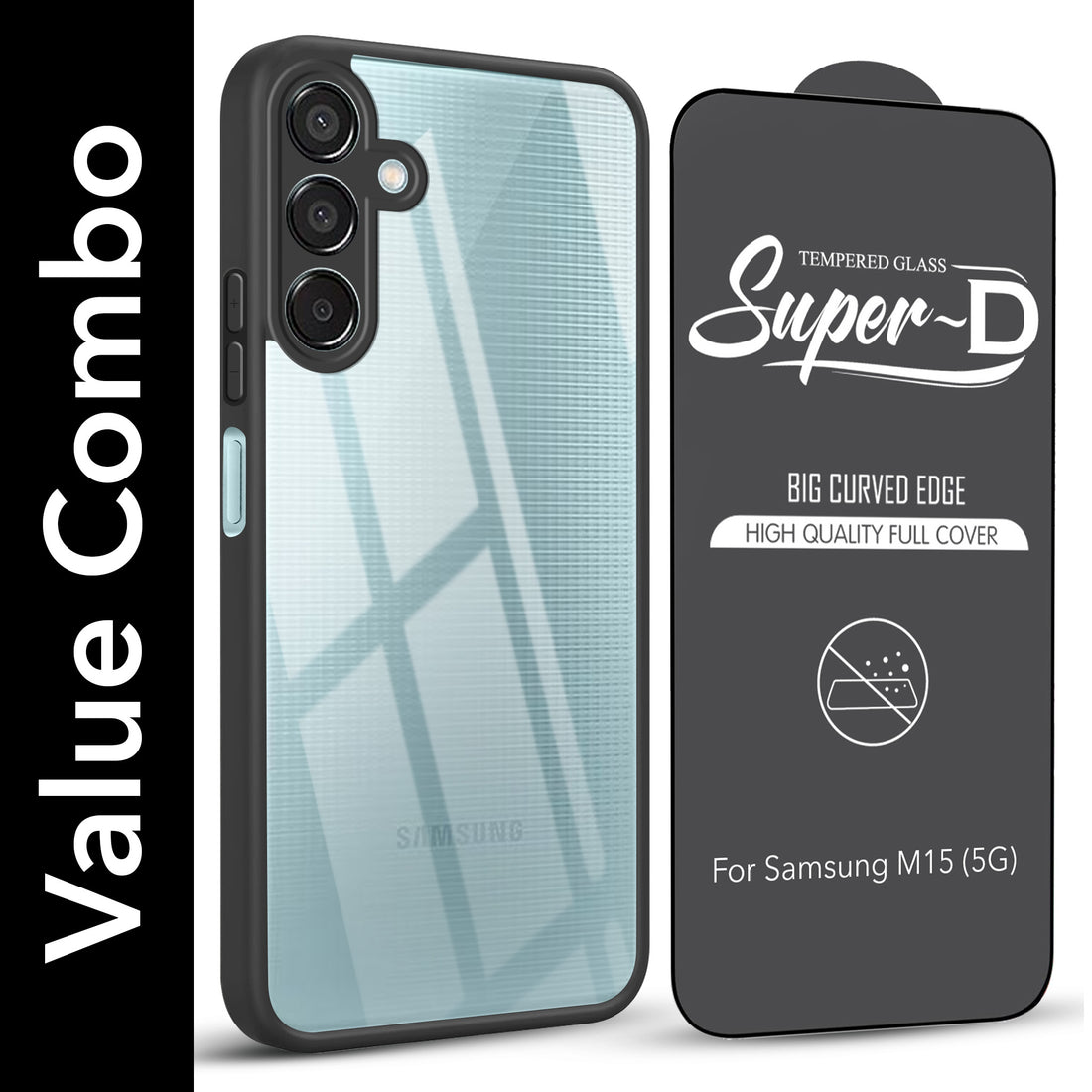 For Samsung Galaxy M15 5G Combo with Back Cover and 9H Tempered Glass (Lifetime Anti-Yellow | Crystal Clear Shockproof | Oleophobic Coating Screen Glass)