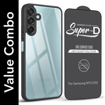 For Samsung Galaxy M15 5G Combo with Back Cover and 9H Tempered Glass (Lifetime Anti-Yellow | Crystal Clear Shockproof | Oleophobic Coating Screen Glass)