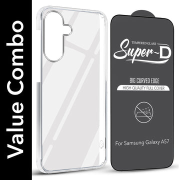 For Samsung Galaxy A57 5G Combo with Back Cover and 9H Tempered Glass (Lifetime Anti-Yellow | Sleek Hard Crystal | Oleophobic Coating Screen Glass)