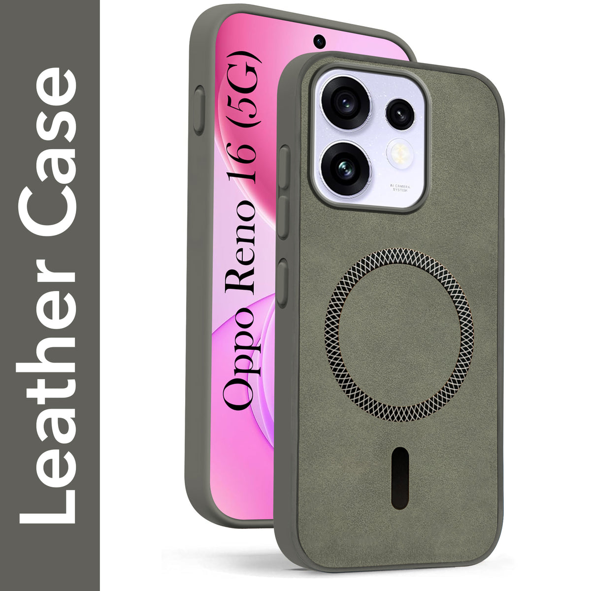 For Oppo Reno 16 Back Cover Case Leather Finish (MagSafe Compatible Wireless Charging | Soft Touch | Camera Bump Protection)
