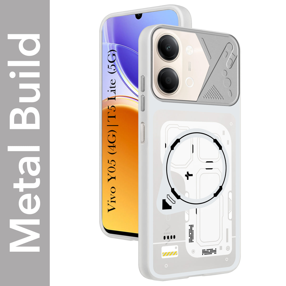 For Vivo Y05 4G | Vivo T5 Lite 5G Metallic Back Cover Case (Metallic Camera Protection & Buttons | Translucent Milky Shade | Hard Polycarbonate)